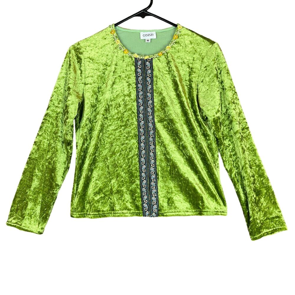 Cozzi Womens Sweater Green Velvet Hook Eye Closure Lined Academia Medium